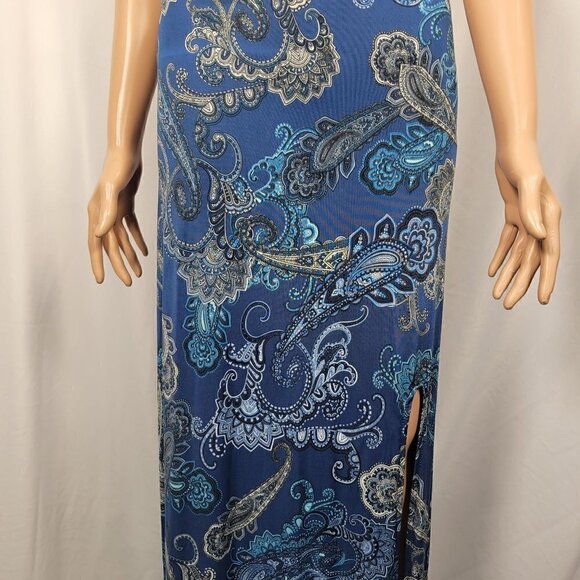 NWT Ariella Women's Mock/High Neck Sleeveless Blue Pattern Slit Maxi Dress Sz L - Picture 5 of 14